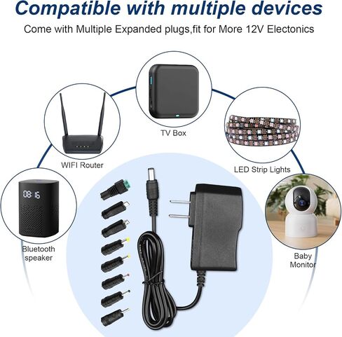 12V 500mA Power Adapter Supply AC 100-240V to DC 12V 0.5A 6W Universal Driver Transformer Charger with DC in 8 Plug Jacks Replace 12V 200mA 300mA 400mA for CCTV Cameras Router in Kuwait