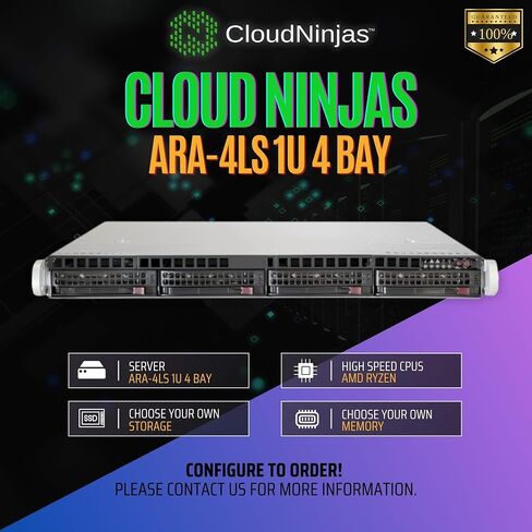 Cloud Ninjas ARA-4LS 1U 4 Bay Server Ryzen 9 9900x 12 Core 4.4 GHz 64GB DDR5 4800 ECC AM5 Motherboard 990 PRO 2TB M.2 2280 NVMe SSD 4X EXOS 7E10 2TB SATA Dual Intel 10GbE SFP+ PCIe 350W PSU Rail Kit in Kuwait