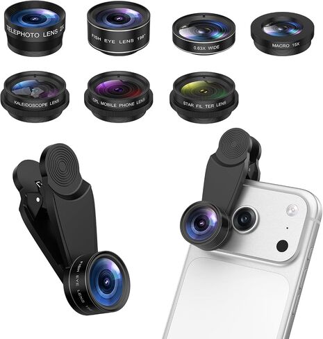 7 in 1 Clip On Phone Camera Lens Kit, 0.63X Wide Angle,15X Macro,2X Telephoto,198°Fisheye,CPL,Starburst, Kaleidoscope Universal Smartphone Lens for iPhone Samsung Google Pixel in Saudi Arabia