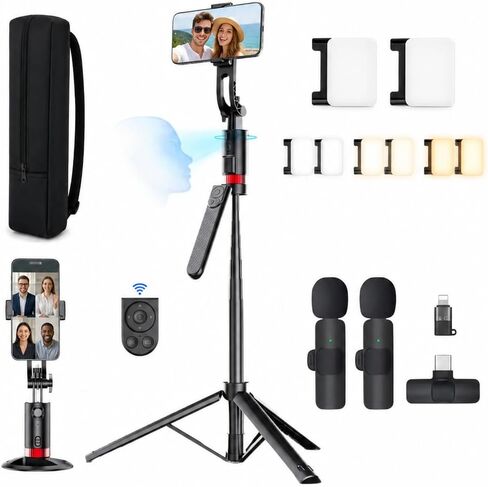 71" Auto Face Tracking Phone Tripod with Dual Lights and Dual Wireless Mics in Kuwait