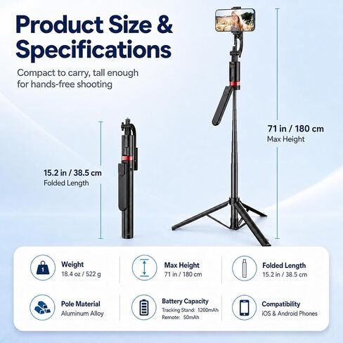 71" Auto Face Tracking Phone Tripod with Dual Lights and Dual Wireless Mics in Kuwait