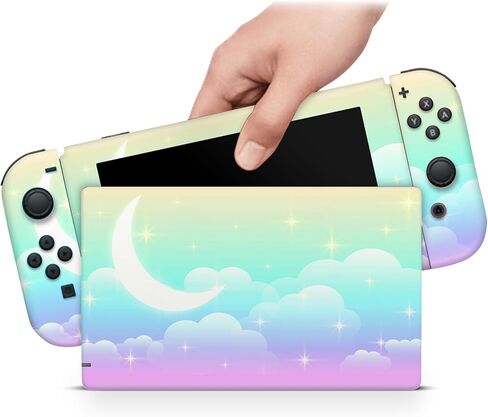 ZOOMHITSKINS Glitter Skin Compatible with Switch, Pastel Cloud Moon Star Kawaii Design, Durable 3M Vinyl Decal Wrap, Precision Fit, Bubble-Free, Made in USA in Saudi Arabia