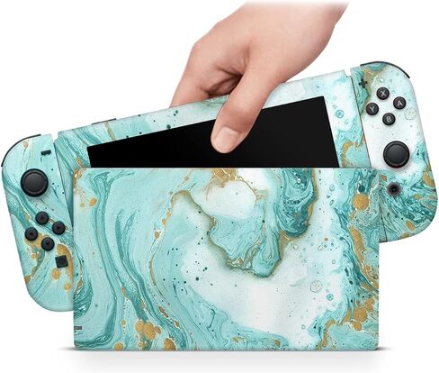 ZOOMHITSKINS Matte Skin Compatible with Switch, Turquoise Gold Marble Mineral Stone Design, Durable 3M Vinyl Decal Wrap, Precision Fit, Bubble-Free, Made in USA in Saudi Arabia