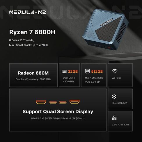 N2 Pro 8K USB4 Mini PC Ryzen 7 6800H, Radeon 680M Graphics, 32GB DDR5 RAM 512GB NVMe SSD Mini Computers, 2.5G LAN, Wi-Fi 6E/BT 5.2(AX210), HDMI/USB-C/4K Quad Display, Office/Home/Business in Kuwait