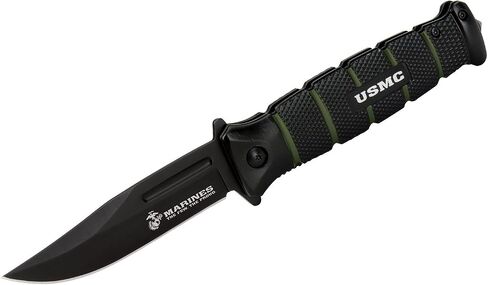 USMC Black and Green Assisted Opening Combat Pocket Knife - Black Stainless Steel Blade, Textured Aluminum Handle, Pocket Clip, Glass Breaker, For Tactical Everyday Carry - Closed Length 4 1/2 in Kuwait