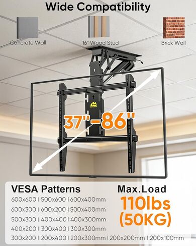 FORGING MOUNT Electric Ceiling TV Mount with Remote, Off-Center VESA Design for 37-86 inch TVs, Holds 110 lbs, VESA 600x600, Heavy Duty Motorized TV Ceiling Mount Flip Down Fits Flat & Pitched Roof in Kuwait