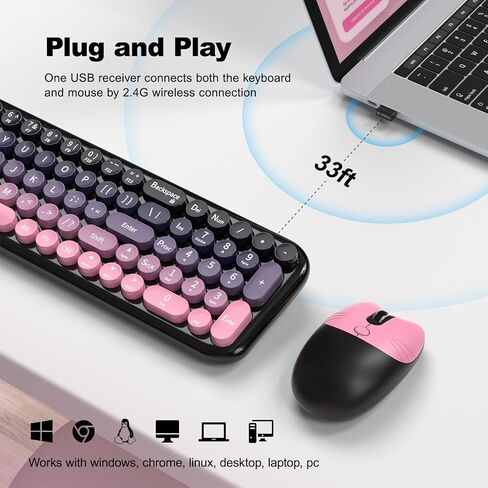 MOFII Wireless Keyboard and Mouse Combo, Compact Typewriter Retro Round Computer Keyboard and Mouse Set, Plug and Play, for Windows, Computer, Desktop, PC, Notebook - (Plum Pink Gradient) in Kuwait