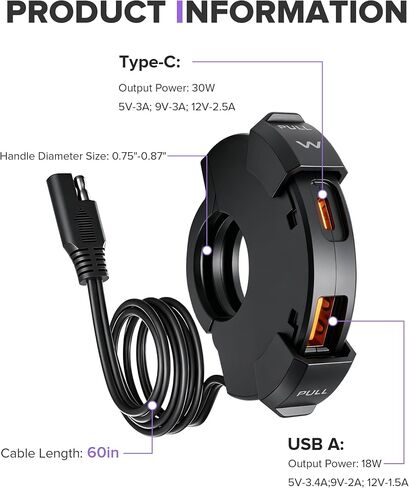 Motorcycle Phone Charger,Car Accessories Universal Motorcycle USB Charger,Waterproof Ultra-Narrow PD30W & Quick Charge for Phone,Tablet,GPS,Suitable for Most DC 12-24V Vehicles,Motorcycles in Kuwait