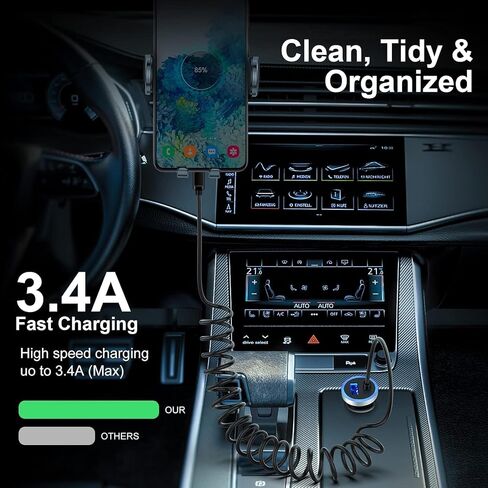 USB A Car Charger Fast Charge Car Adapter with 3FT Coiled USB C Cable, S26 in Kuwait