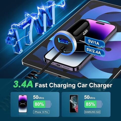 USB A Car Charger Fast Charge Car Adapter with 3FT Coiled USB C Cable, S26 in Kuwait