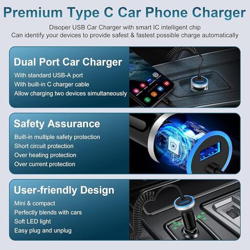 USB A Car Charger Fast Charge Car Adapter with 3FT Coiled USB C Cable, S26 in Kuwait