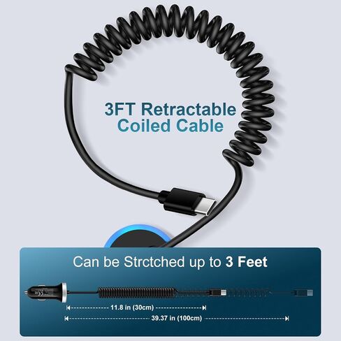 USB A Car Charger Fast Charge Car Adapter with 3FT Coiled USB C Cable, S26 in Kuwait