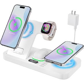 Dual Phone Magnetic Wireless Charging Station for Apple Devices/Apple Ecosystem,with Auto-Switch 7-Color Light & Clock, Compatible with iPhone 17/16/15, for iWatch 11/10/9 & AirPods Pro3（Cream in Kuwait