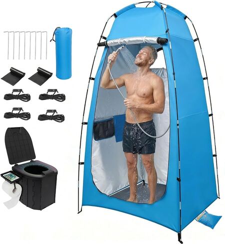 82.7Inch Tall Shower Tent and Camping Toilet Kit,Easy-Setup Portable Toilet and No-See-Through Changing Room for Camping Beach Travel Outdoor Adventures Windproof Outdoor Privacy Shelter in Kuwait