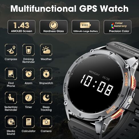 Military Smart Watch for Men with GPS, 1.43" AMOLED Bluetooth Call Smartwatch with LED Flashlight, Rugged Smart Watches for Android iOS, IP68 Waterproof Fitness Tracker with Heart Rate in Saudi Arabia