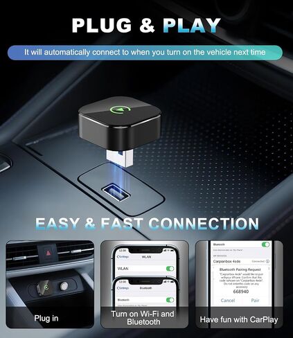 Wireless Carplay Adapter, Suitable for Vehicles Equipped with Cabled CarPlay, Plug and Play Feature enables Fast and Stable CarPlay Wireless Connection, Suitable for 900 Vehicles in Kuwait