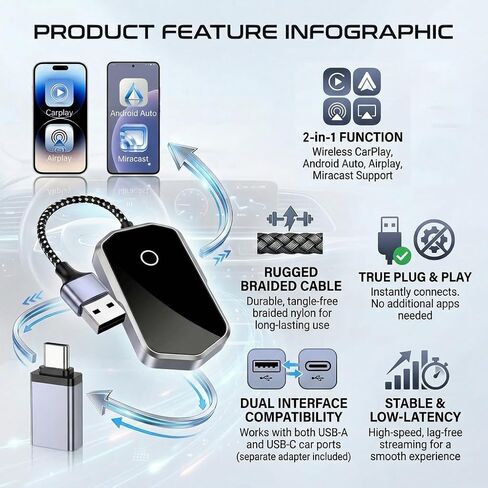 B&DOG XSIN Wireless CarPlay/Android Auto Adapter,Black in Kuwait