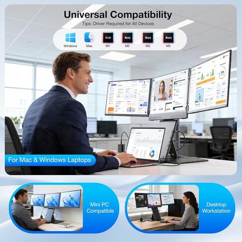 Quad Laptop Screen Extender, 15.3" 1200P FHD Quad Monitor, 16:10 Aspect Ratio, 1 Cable for 3 Screens, Driver Required, Compatible with Windows & All Mac (M1-M5 Included) in Kuwait