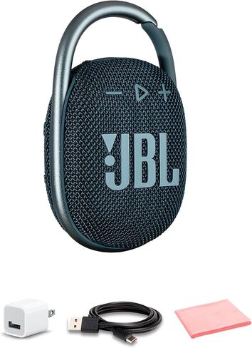 JBL Clip 4 Portable Bluetooth Speaker with Built-in Carabiner | Compact Wireless Waterproof IP67 Speaker for Travel and Outdoors| Bold Sound, Long Battery Life (Blue) + USB Adapter + Microfiber Cloth in Kuwait
