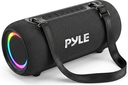 Pyle Portable Bluetooth Speaker - RGB LED, IPX5 Waterproof, TWS Stereo Pairing, USB/AUX/FM, Built-in Mic, USB-C Charging, 7H Battery, Shoulder Strap - Party, Outdoor, Travel, Home - PBTPSP25BK in Kuwait