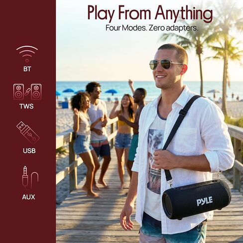 Pyle Portable Bluetooth Speaker - RGB LED, IPX5 Waterproof, TWS Stereo Pairing, USB/AUX/FM, Built-in Mic, USB-C Charging, 7H Battery, Shoulder Strap - Party, Outdoor, Travel, Home - PBTPSP25BK in Kuwait