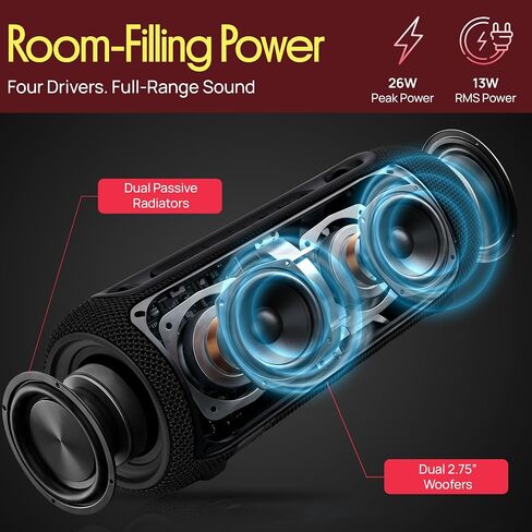 Pyle Portable Bluetooth Speaker - RGB LED, IPX5 Waterproof, TWS Stereo Pairing, USB/AUX/FM, Built-in Mic, USB-C Charging, 7H Battery, Shoulder Strap - Party, Outdoor, Travel, Home - PBTPSP25BK in Kuwait
