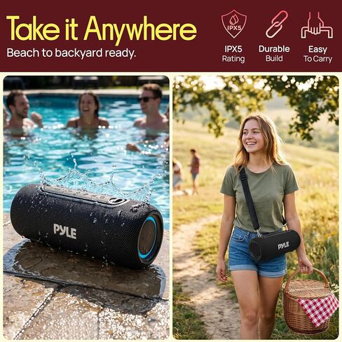 Pyle Portable Bluetooth Speaker - RGB LED, IPX5 Waterproof, TWS Stereo Pairing, USB/AUX/FM, Built-in Mic, USB-C Charging, 7H Battery, Shoulder Strap - Party, Outdoor, Travel, Home - PBTPSP25BK in Kuwait