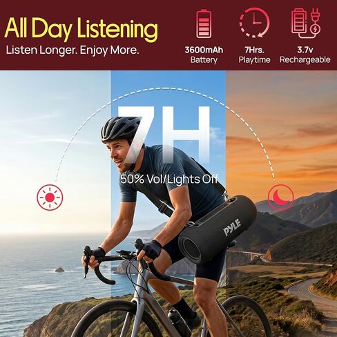 Pyle Portable Bluetooth Speaker - RGB LED, IPX5 Waterproof, TWS Stereo Pairing, USB/AUX/FM, Built-in Mic, USB-C Charging, 7H Battery, Shoulder Strap - Party, Outdoor, Travel, Home - PBTPSP25BK in Kuwait