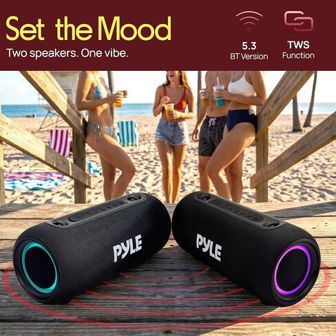Pyle Portable Bluetooth Speaker - RGB LED, IPX5 Waterproof, TWS Stereo Pairing, USB/AUX/FM, Built-in Mic, USB-C Charging, 7H Battery, Shoulder Strap - Party, Outdoor, Travel, Home - PBTPSP25BK in Kuwait