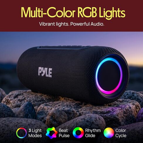 Pyle Portable Bluetooth Speaker - RGB LED, IPX5 Waterproof, TWS Stereo Pairing, USB/AUX/FM, Built-in Mic, USB-C Charging, 7H Battery, Shoulder Strap - Party, Outdoor, Travel, Home - PBTPSP25BK in Kuwait