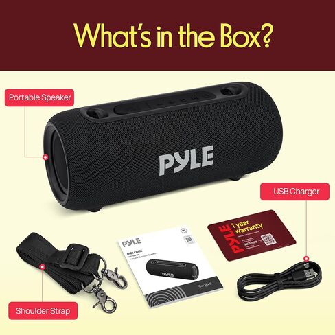 Pyle Portable Bluetooth Speaker - RGB LED, IPX5 Waterproof, TWS Stereo Pairing, USB/AUX/FM, Built-in Mic, USB-C Charging, 7H Battery, Shoulder Strap - Party, Outdoor, Travel, Home - PBTPSP25BK in Kuwait