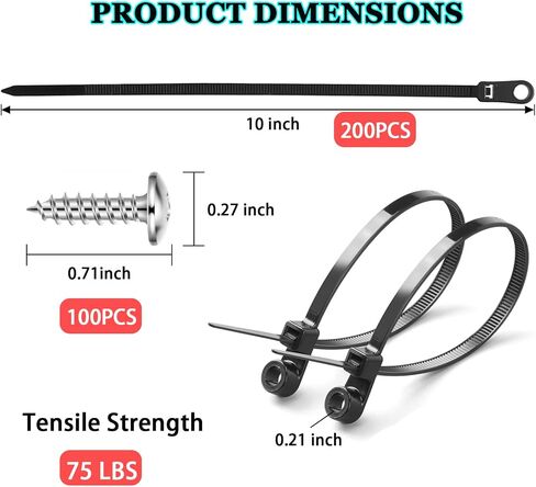 200 PCS 10-inch Black Zip Ties with Screw Hole。 75lbs Mountable Head Cable Ties Straps Multipurpose Heavy Duty Nylon Cable Zip Ties with Screw Mounting Hole。(Matching screws) in Saudi Arabia