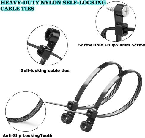 200 PCS 10-inch Black Zip Ties with Screw Hole。 75lbs Mountable Head Cable Ties Straps Multipurpose Heavy Duty Nylon Cable Zip Ties with Screw Mounting Hole。(Matching screws) in Saudi Arabia
