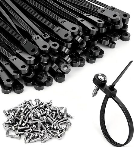 200 PCS 10-inch Black Zip Ties with Screw Hole。 75lbs Mountable Head Cable Ties Straps Multipurpose Heavy Duty Nylon Cable Zip Ties with Screw Mounting Hole。(Matching screws) in Saudi Arabia