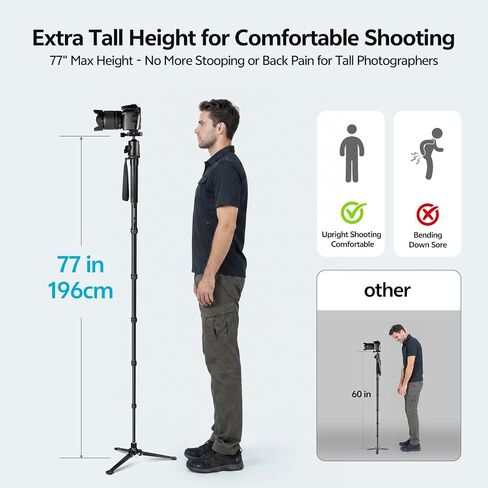 Manbily 77" Camera Monopod, Heavy Duty 28mm Aluminum Monopod for DSLR Cameras, 22 lbs Load Capacity, 6-Section Compact Travel Monopod with 1/4" & 3/8" Reversible Screw for Wildlife, Photography in Saudi Arabia