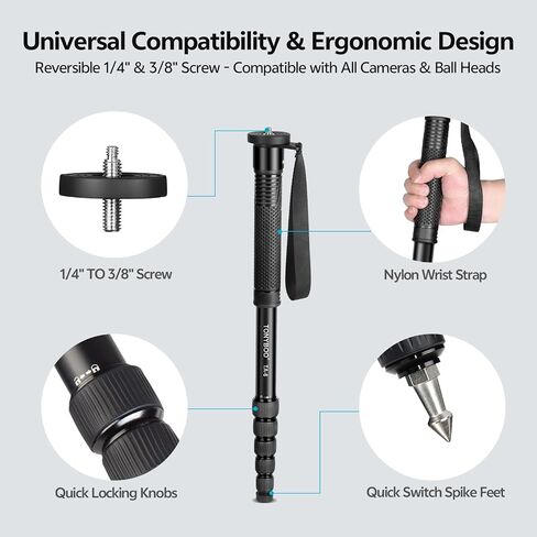 Manbily 77" Camera Monopod, Heavy Duty 28mm Aluminum Monopod for DSLR Cameras, 22 lbs Load Capacity, 6-Section Compact Travel Monopod with 1/4" & 3/8" Reversible Screw for Wildlife, Photography in Saudi Arabia