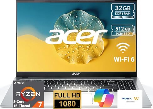 Acer Aspire Go 15.6" High-Performance Business Laptop, AMD Ryzen 7 7730U 8-Core 16-Thread, AMD Radeon Graphics, FHD (1920 x 1080) IPS Display, 32GB RAM, 512GB SSD, Wi-Fi 6, Windows 11, RJ-45 Ethernet in Kuwait