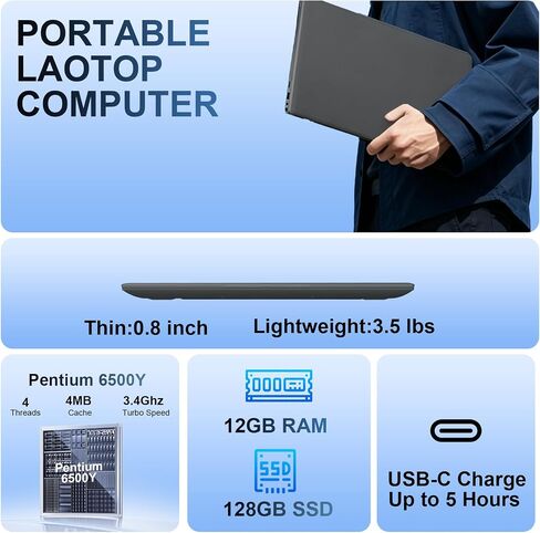 Laptop 15.6 Inch, 12GB RAM Laptops with Pentium Gold 6500Y (Up to 3.4GHz), 128GB SSD, FHD IPS Screen, USB C, USB 3.2, HDMI, WiFi, Lightweight Laptop for Student, Home and Everyday Use in Kuwait
