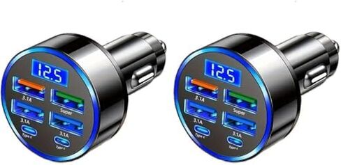 120W 6-Port Fast Car Charger USB-C with LED Voltage Display, Multi Port Cigarette Lighter Adapter for iPhone, Android in Kuwait