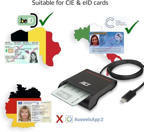 ACT eID Card Reader Belgium, USB C Card Reader, Not for ID App 2, Power LED Status AC6020 in Kuwait