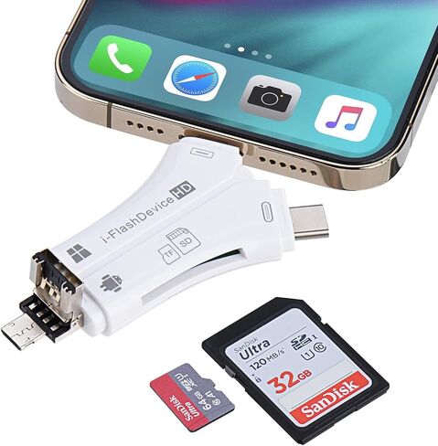 SD Card Reader for iPhone/ipad/Android/Mac/Computer/Camera, 4 in 1 SD Card Reader Reads Both SD TF Memory simultaneously Memory Card Reader Trail Camera Viewer Compatible for SD TF Card White in Kuwait