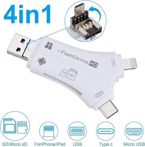 SD Card Reader for iPhone/ipad/Android/Mac/Computer/Camera, 4 in 1 SD Card Reader Reads Both SD TF Memory simultaneously Memory Card Reader Trail Camera Viewer Compatible for SD TF Card White in Kuwait