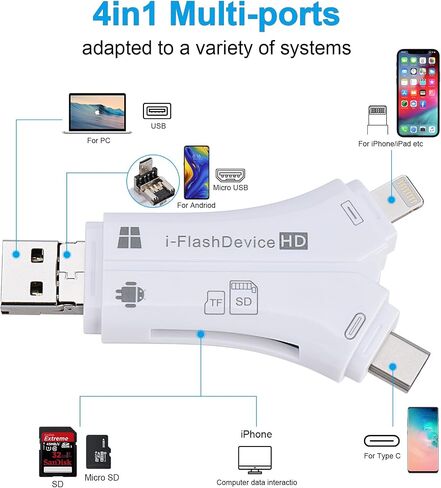 SD Card Reader for iPhone/ipad/Android/Mac/Computer/Camera, 4 in 1 SD Card Reader Reads Both SD TF Memory simultaneously Memory Card Reader Trail Camera Viewer Compatible for SD TF Card White in Kuwait