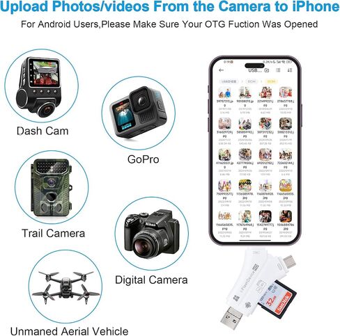 SD Card Reader for iPhone/ipad/Android/Mac/Computer/Camera, 4 in 1 SD Card Reader Reads Both SD TF Memory simultaneously Memory Card Reader Trail Camera Viewer Compatible for SD TF Card White in Kuwait