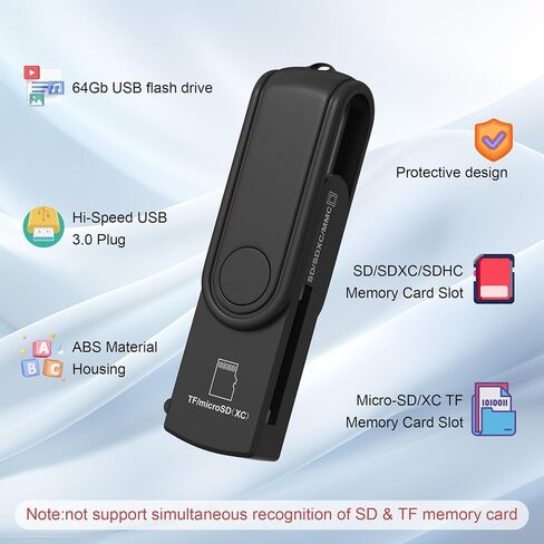 Micro SD Card Reader & 64GB USB Flash Drive 2 in 1 - USB 3.0 Memory Card Reader Adapter Supports SD/Micro SD/MMC/SDXC/SDHC/Micro SDHC Card, Portable U Disk Thumb Drive Flash Card Reader for Camera in Kuwait