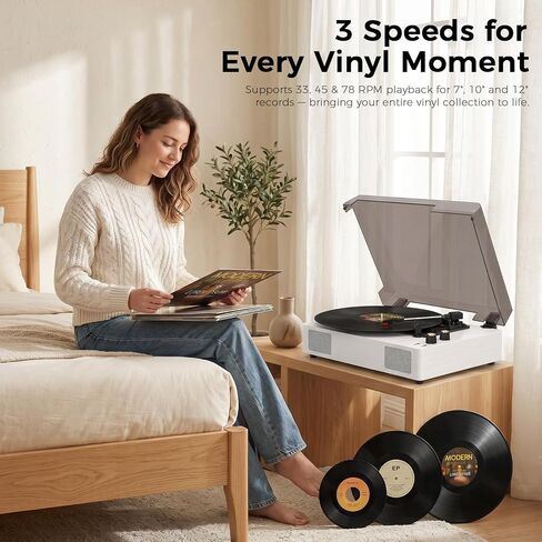 White Bluetooth Record Player, 3-Speed Belt Drive Turntable in Kuwait