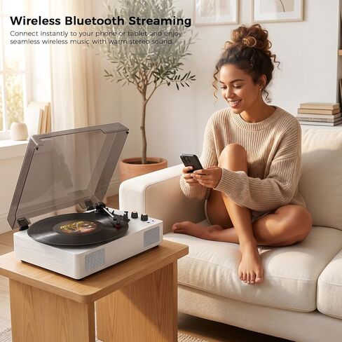 White Bluetooth Record Player, 3-Speed Belt Drive Turntable in Kuwait