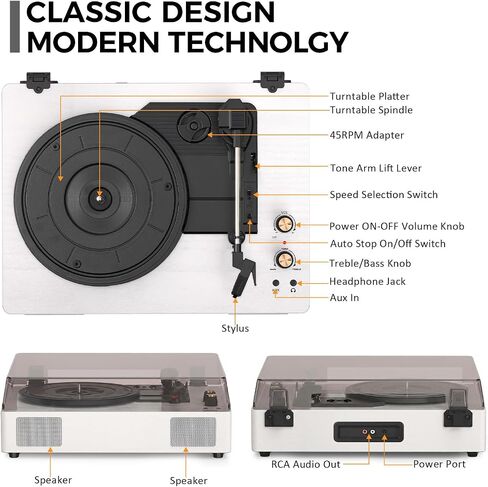 White Bluetooth Record Player, 3-Speed Belt Drive Turntable in Kuwait