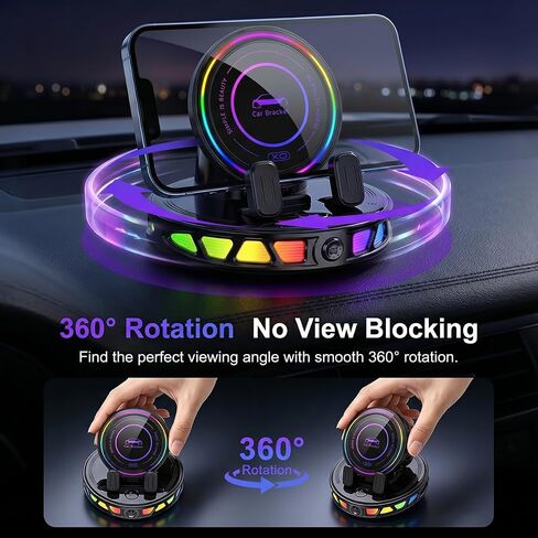 Wireless Car Charger Dashboard Phone Holder,15W Fast Charging One-Hand Operation Rotatable Bracket with RGB Light,Anti-Slip Navigation Mount with Strong Suction Cup, for Most Smart Phone in Kuwait