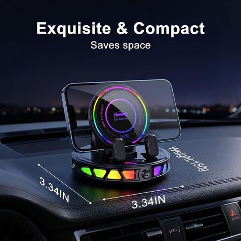Wireless Car Charger Dashboard Phone Holder,15W Fast Charging One-Hand Operation Rotatable Bracket with RGB Light,Anti-Slip Navigation Mount with Strong Suction Cup, for Most Smart Phone in Kuwait